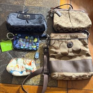 Coach Khaki and Brown Signature Crossbody with Black and Multicolor Wristlets